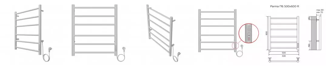 Полотенцесушитель PARMA 500/600 электрический БЕЛЫЙ R 6 пер. AZARIO AZ10856W · Azario, AZ10856W
