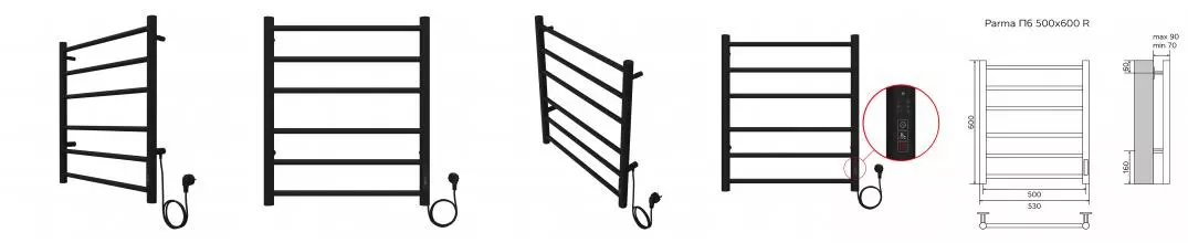 Полотенцесушитель PARMA 500/600 электрический ЧЕРНЫЙ R 6 пер. AZARIO AZ10856B · Azario, AZ10856B