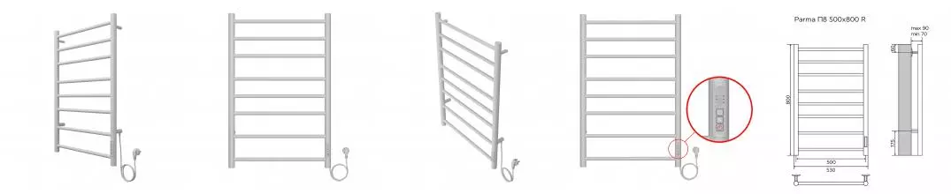 Полотенцесушитель PARMA 500/800 электрический БЕЛЫЙ R 8 пер. AZARIO AZ10858W · Azario, AZ10858W