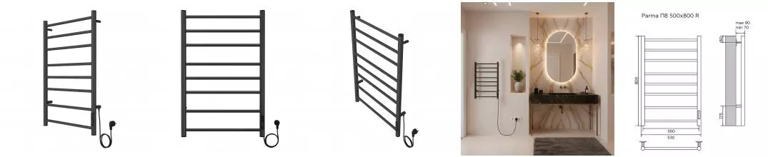 Полотенцесушитель PARMA 500/800 электрический ГРАФИТ R 8 пер  AZARIO AZ83904G · Azario, AZ83904G