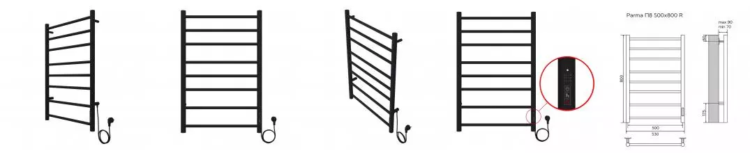 Полотенцесушитель PARMA 500/800 электрический ЧЕРНЫЙ R 8 пер  AZARIO AZ10858B · Azario, AZ10858B