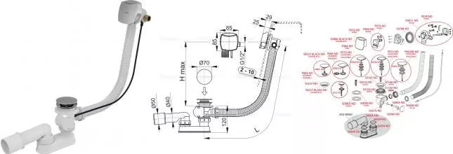 Сифон для ванны слив-перелив «AlcaPlast» A564CRM1 перелив 57 см хром полуавтомат с изливом