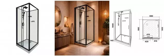 Душевая кабина Loranto 980x980x2040 без крыши, левосторонняя, белое заднее стекло, поддон 14 см, прозрачное стекло 4 мм, профиль черный (CS-3010TM/W-100L)