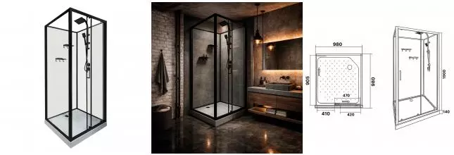 Душевая кабина Loranto 980x980x2040 без крыши, правосторонняя, белое заднее стекло, поддон 14 см, прозрачное стекло 4 мм, профиль черный (CS-3010TM/W-100R)