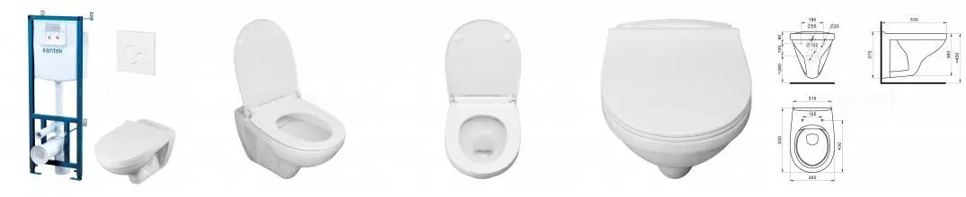 Пэк Santek "Бореаль" rimless подвесной, безободковый унитаз с тонким сиденьем, инсталляция, панель белого цвета (1.WH50.1.832)