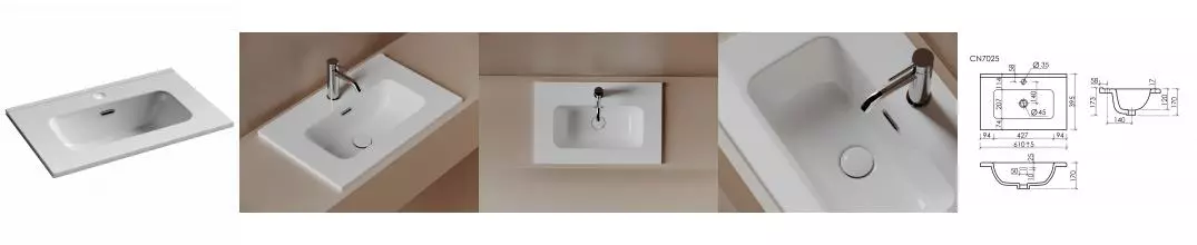 CN7025 Раковина мебельная накладная Compact 610x395x170, цвет белый