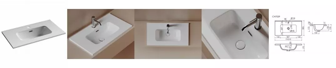 CN7029 Раковина мебельная накладная Compact 710x395x170, цвет белый