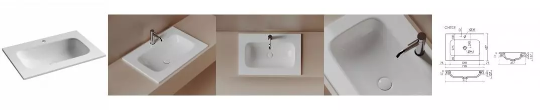 Раковина накладная мебельная CERAMICANOVA Grace 710x457x137 с отв. под смеситель, белый CN7031