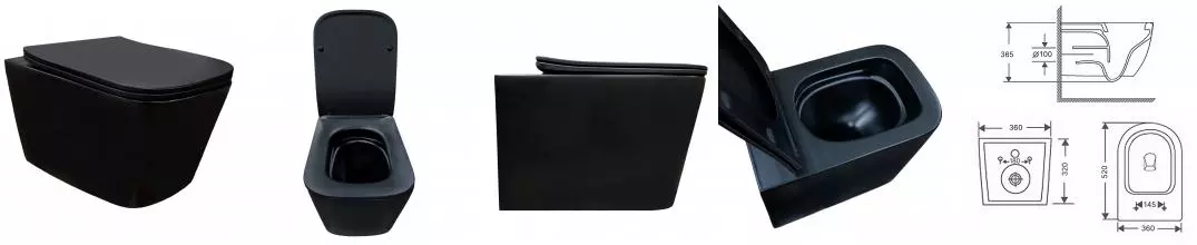 Унитаз подвесной Azario Cascad-Black 360х520х365 безободковый, система смыва "скрытое Торнадо", с быстросъемным сиденьем "Микролифт", черный матовый (AZ-2303A-MB)