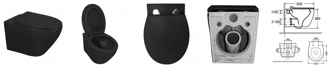 Унитаз подвесной Azario Keras matt black 520х370х360 безободковый, с быстросъемным сиденьем микролифт, черный матовый (AZ-99046B)