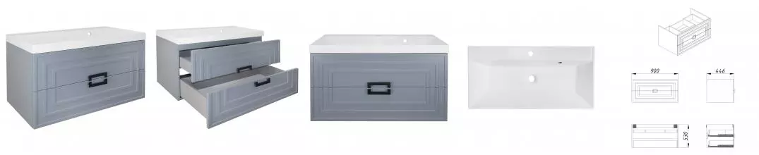 ВЫВОД Комплект Тумба АРМАРИО 90/2 подвесная МАТОВЫЙ СЕРЫЙ с раковиной Классик 90 CS00097017 · Azario, CS00097017