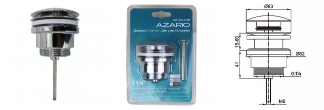 Донный клапан для умывальника 1 1/4 латунь, ХРОМ, CLIC-CLAC, блистер. AZARIO, AZ-105-CHR-H AZ-105-CHR-Н · Azario, AZ-105-CHR-Н Донный клапан для умывальника 1 1/4 латунь, ХРОМ, CLIC-CLAC, блистер. AZARIO, AZ-105-CHR-H AZ-105-CHR-Н · Azario, AZ-105-CHR-Н
