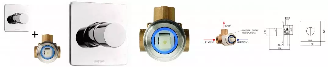 Комплект Bossini CUBE Смеситель для душа на 1 выход, хром + Встраиваемая часть смесителя с девиатором 1 направления 1/2” (Z00008.030+Z00007)