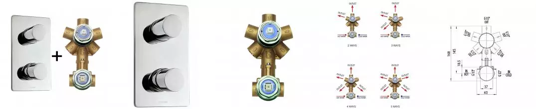 Комплект Bossini CUBE Смеситель для душа, встраиваемый, внешняя часть, хром + Универсальная встроенная часть для механического смесителя на 2-5 источников (Z00004.030+Z00130)