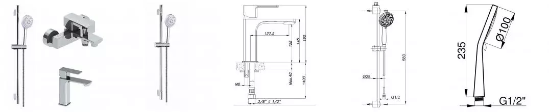 Набор смесителей 3 в 1 для ванны Azario CADEO, хром (AZ-15940501+AZ-15944501+AZ-15782010)