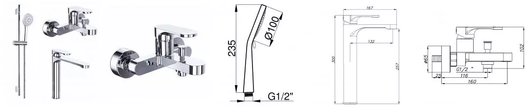 Набор смесителей 3 в 1 для ванны Azario VIANO, хром (AZ-15830501+AZ-15834551+AZ-15782010)