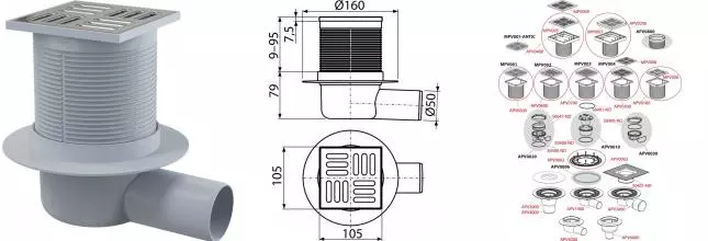 Трап для душа «AlcaPlast» APV31 105/105  APV31 боковой выпуск нержавеющая сталь 