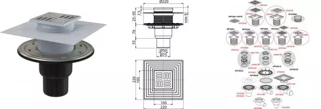 Трап для душа «AlcaPlast» APV4344 105/50/75 воротник изоляции 2–го уровня APV4344 вертикальный выпуск нержавеющая сталь 