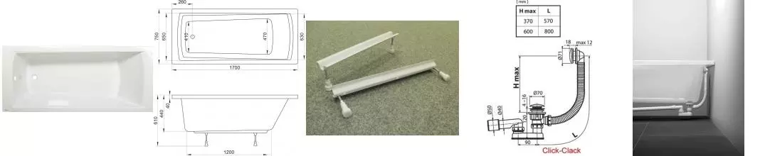 Ванна акриловая «Ravak» Set Domino Plus 170/70 с ножками и сифоном