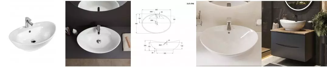 BOND S15-590 Раковина накладная овальная 59*39*20,5см белая с переливом и отверстием под смеситель