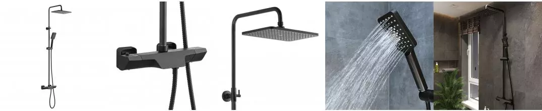 BOND B03-9488 Черная душевая стойка с термостатом, тропическим душем и смесителем с изливом