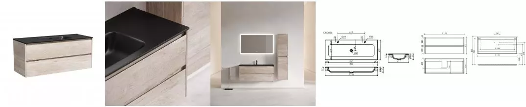 Комплект из двух тумб с раковиной «Sancos» Libra 1190 подвесная дуб галифакс натуральный 2xLB120-1EG, раковина накладная Grace чёрная матовая двойная CN7016MB