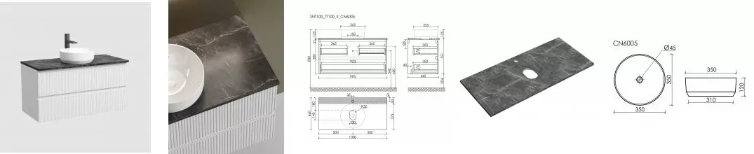 Тумба со столешницей и раковиной «Sancos» Snob T 100 подвесная Bianco SNT100W, столешница Black Sky TT100A1X, раковина белая CN6005