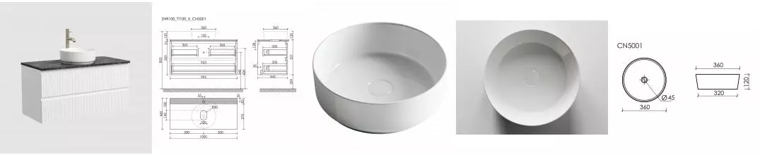 Тумба со столешницей и раковиной «Sancos» Snob R 100 подвесная белый глянец SNR100W, столешница Black Sky TT100A1X, раковина белая CN5001