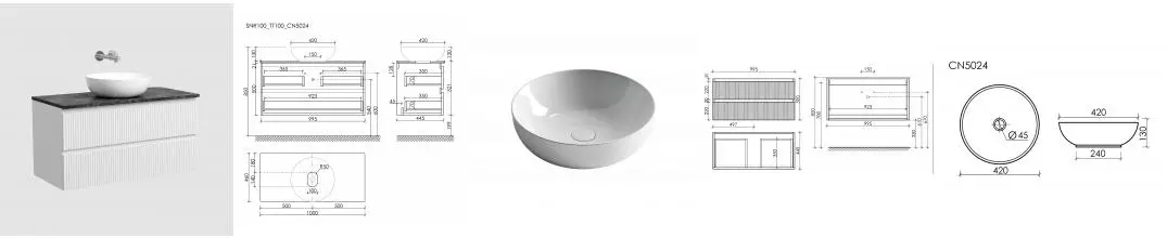 Тумба со столешницей и раковиной «Sancos» Snob R 100 подвесная белый глянец SNR100W, столешница Black Sky TT100A1, раковина белая CN5024