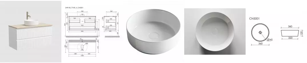 Тумба со столешницей и раковиной «Sancos» Snob R 100 подвесная белый глянец SNR100W, столешница Kreman TT100A2X, раковина белая CN5001