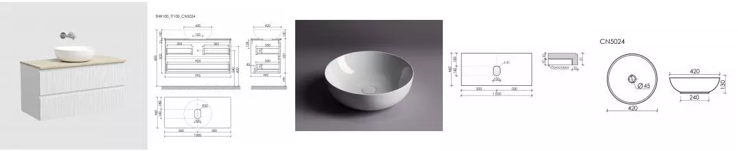 Тумба со столешницей и раковиной «Sancos» Snob R 100 подвесная белый глянец SNR100W, столешница Kreman TT100A2, раковина белая CN5024