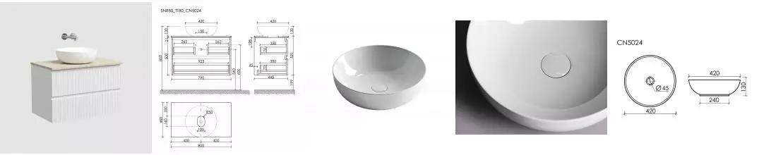 Тумба со столешницей и раковиной «Sancos» Snob R 80 подвесная белый глянец SNR80W, столешница Kreman TT80A2, раковина белая CN5024