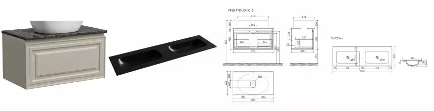 Тумба с раковиной «Sancos» Very 80 подвесная Beige Soft VR80CE, раковина чёрная матовая CN7023MBwx