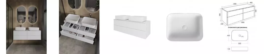 Orange Otto Ot-130TuMDF+B05-500W тумба с 2-мя раковинами подвесная 130 см, белый глянец Ot-130TuMDF+B05-500W · Orange, Ot-130TuMDF+B05-500W