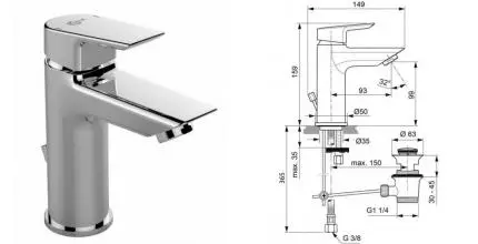 Смеситель для раковины «Ideal Standard» Tesi A6557AA с донным клапаном хром