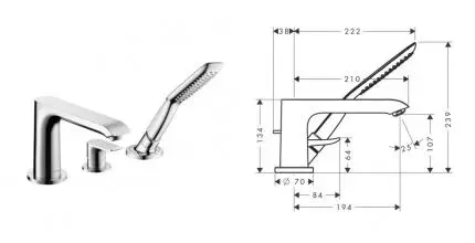 31190000 METRIS | Внеш.часть смесит. д/ванны на 3отв. набортн. с душем хром HANSGROHE · Metris, Hansgrohe, 31190000