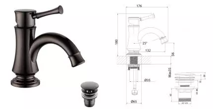 Смеситель для раковины «Lemark» Peretto LM6306RB с донным клапаном чёрный кофе