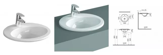 Раковина «Vitra» S20 42 5466B003-0001 фарфоровая белая