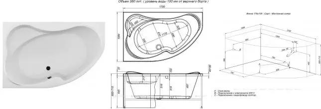 Ванна акриловая «Aquanet» Capri 170/110 без опор без сифона с ручками белая левая