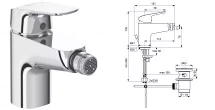 Смеситель для биде «Ideal Standard» Ceraflex B1718AA с донным клапаном хром