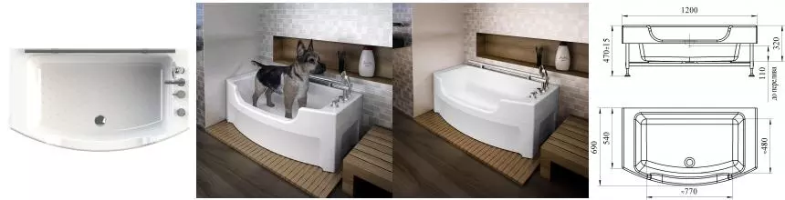 Ванна акриловая для животных «Radomir» Чарли 120/69 с каркасом с сифоном белая