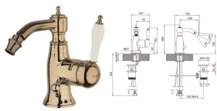 Смеситель для биде «Margaroli» Classica RU1003AA01BR с донным клапаном бронза