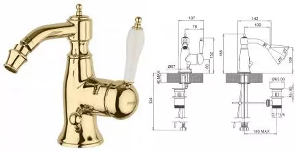 Смеситель для биде «Margaroli» Classica RU1003AA01GD с донным клапаном золото Смеситель для биде «Margaroli» Classica RU1003AA01GD с донным клапаном золото