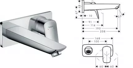 HG     71 220 000 Logis Смеситель для раковины 195 мм, настенный (внеш. монт. часть) в к-те с 50 001 · Logis, Hansgrohe, 71220000