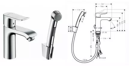 Смеситель для раковины с гигиеническим душем «Hansgrohe» Metris 31285000 с донным клапаном хром