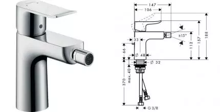 Смеситель для биде «Hansgrohe» Metris 31280000 с донным клапаном хром