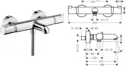 Смеситель для ванны «Hansgrohe» Ecostat Comfort 13114000 с термостатом хром