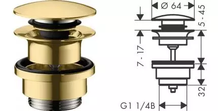 Донный клапан для раковины «Hansgrohe» 50100990 с механизмом Клик-Клак полированное золото