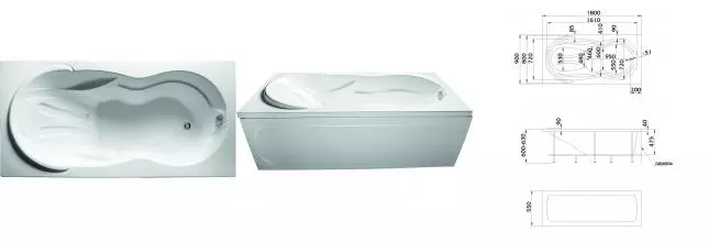 Ванна акриловая «1Marka» Taormina 180/90 без опор без сифона белая