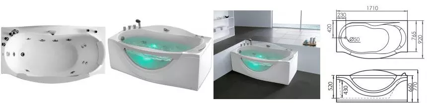 Гидромассажная ванна акриловая «Gemy» G9072 B 171/92 с каркасом с сифоном белая левая